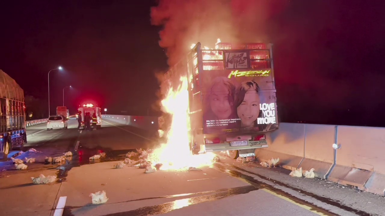 Tabrak Truk Pengangkut Mesin Combi, Truk Bermuatan Ayam Terbakar di Jalan Tol Solo–Ngawi